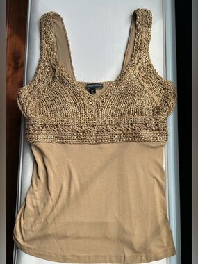 Boston Proper Gold Crochet-Trim Sequined Tank Top